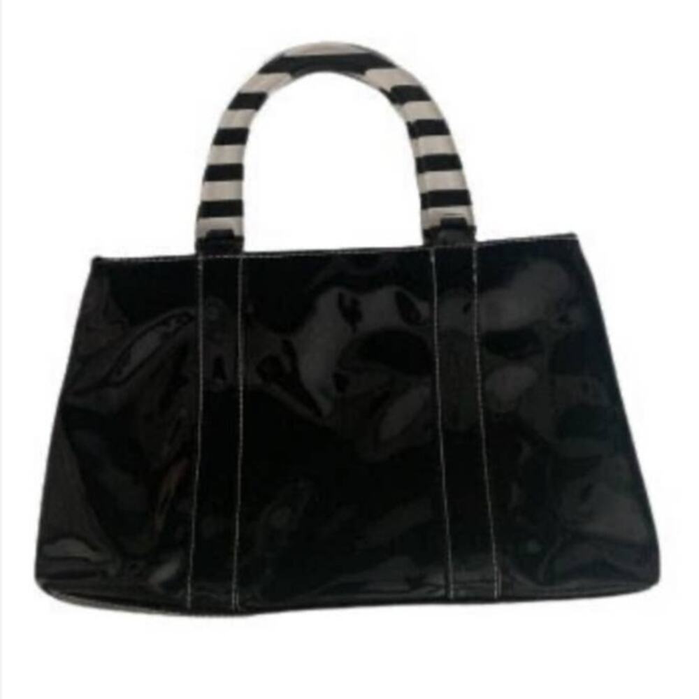 Vintage Womens Clutch Striped Lucite Handle Bag Patent Leather Handbag Black 70s